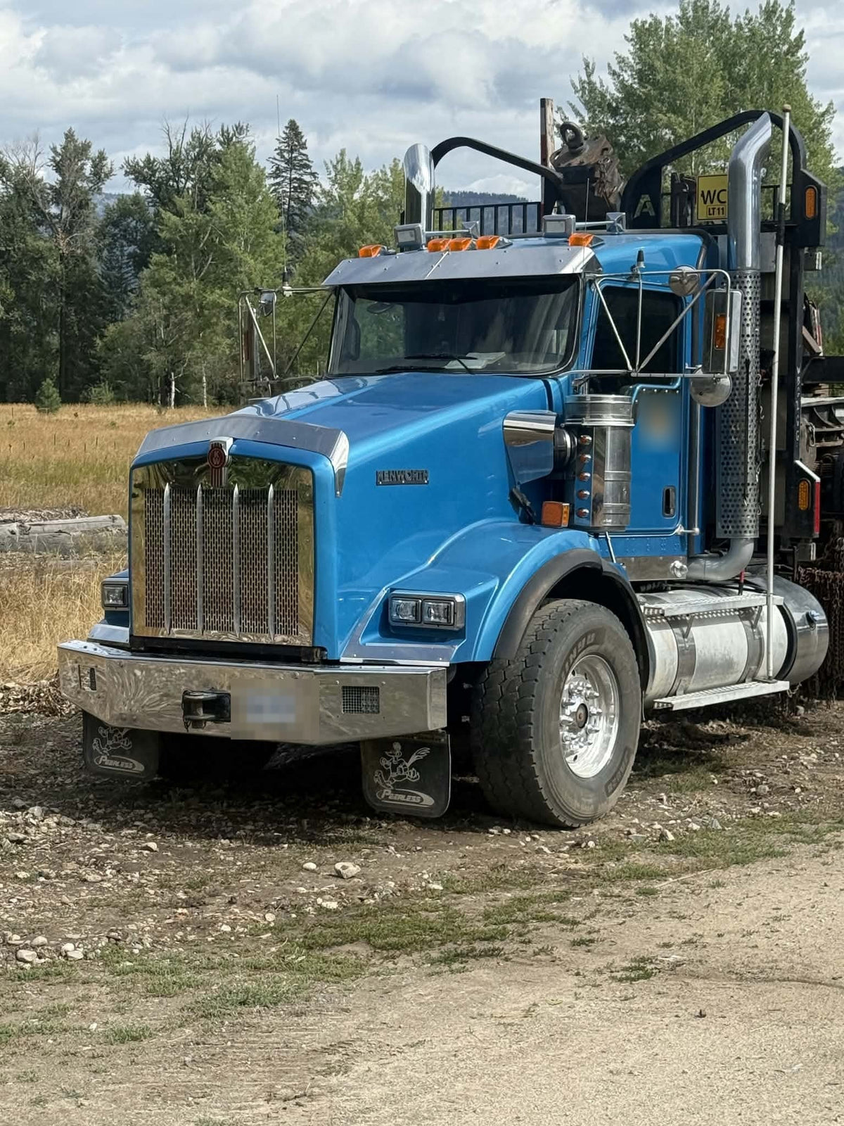 Blue Kenworth T800 with a one-piece mirror stainless grill insert, front three-quarter view