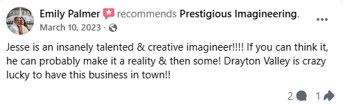 Social media post by Emily Palmer recommending Prestigious Imagineering with a positive comment about Jesse's talent.
